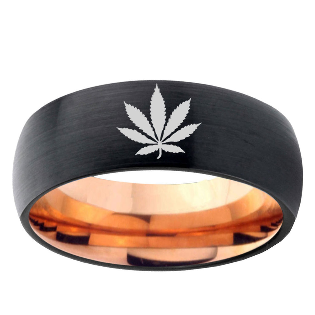 5mm Marijuana Leaf Two-Tone Classic Dome Black Rose Gold Tungsten Wedding Band