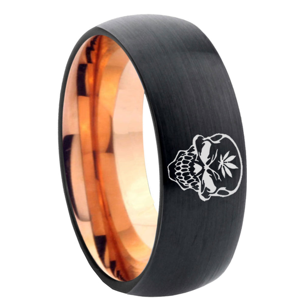8mm Skull Marijuana Leaf Two-Tone Classic Dome Black Rose Gold Tungsten Wedding Band