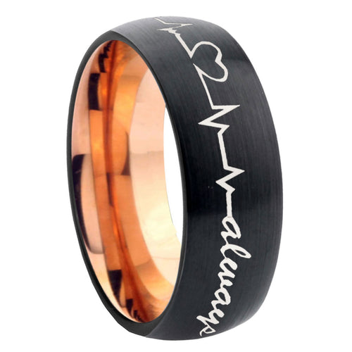 10mm Heart Beat forever Heart always more Dome Tungsten Rose Gold Mens Ring