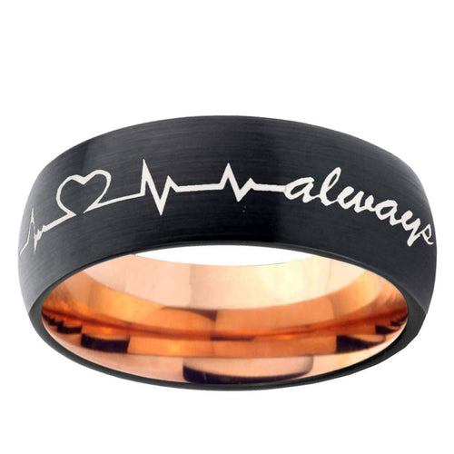 10mm Heart Beat forever Heart always more Dome Tungsten Rose Gold Mens Ring