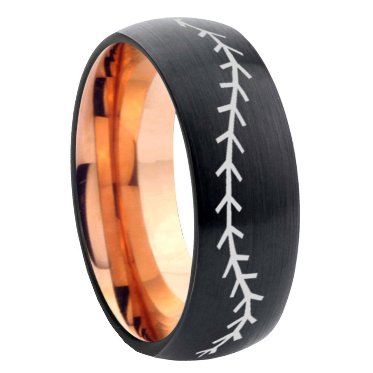 8mm Baseball Stitch Two-Tone Classic Dome Black Rose Gold Tungsten Wedding Band