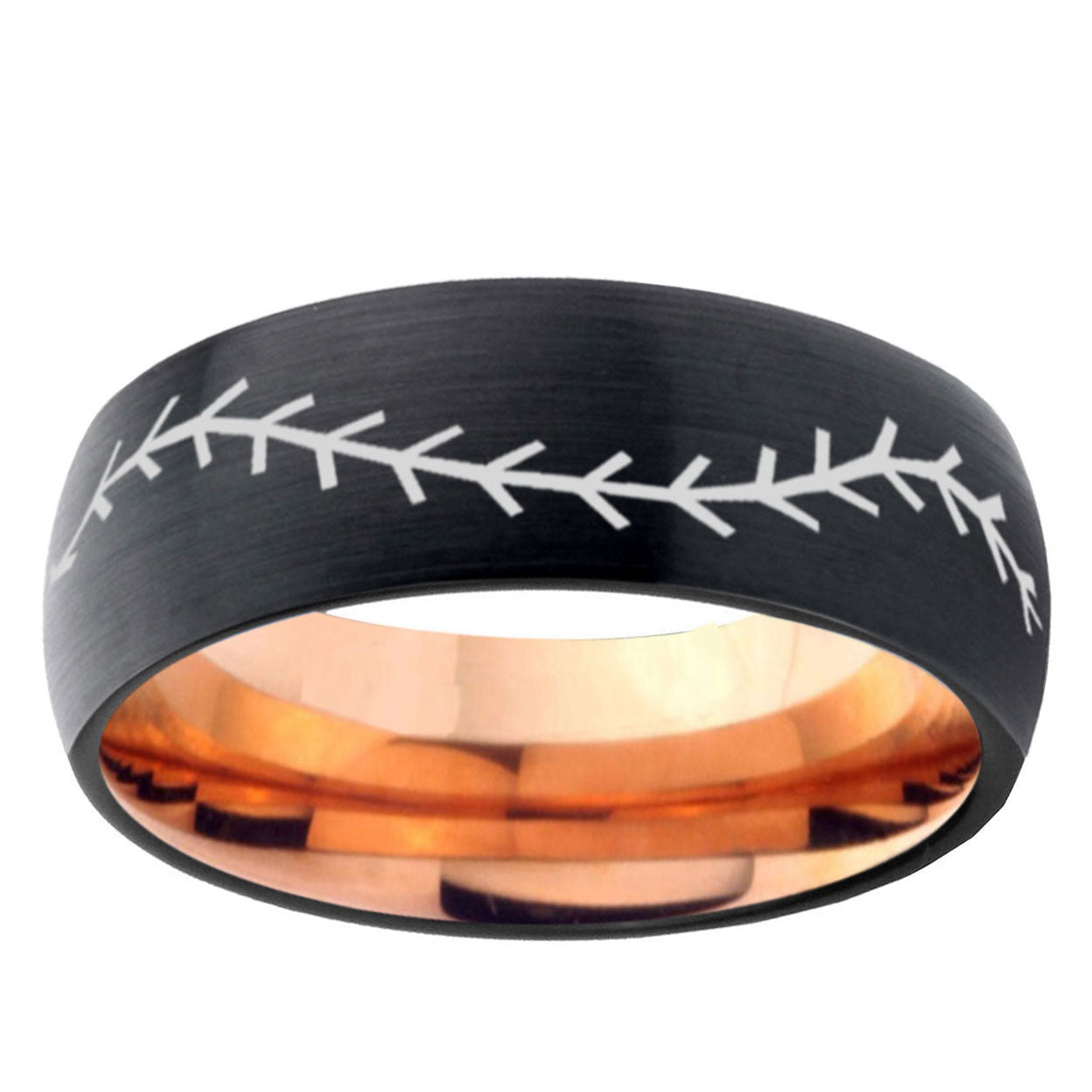 5mm Baseball Stitch Two-Tone Classic Dome Black Rose Gold Tungsten Wedding Band