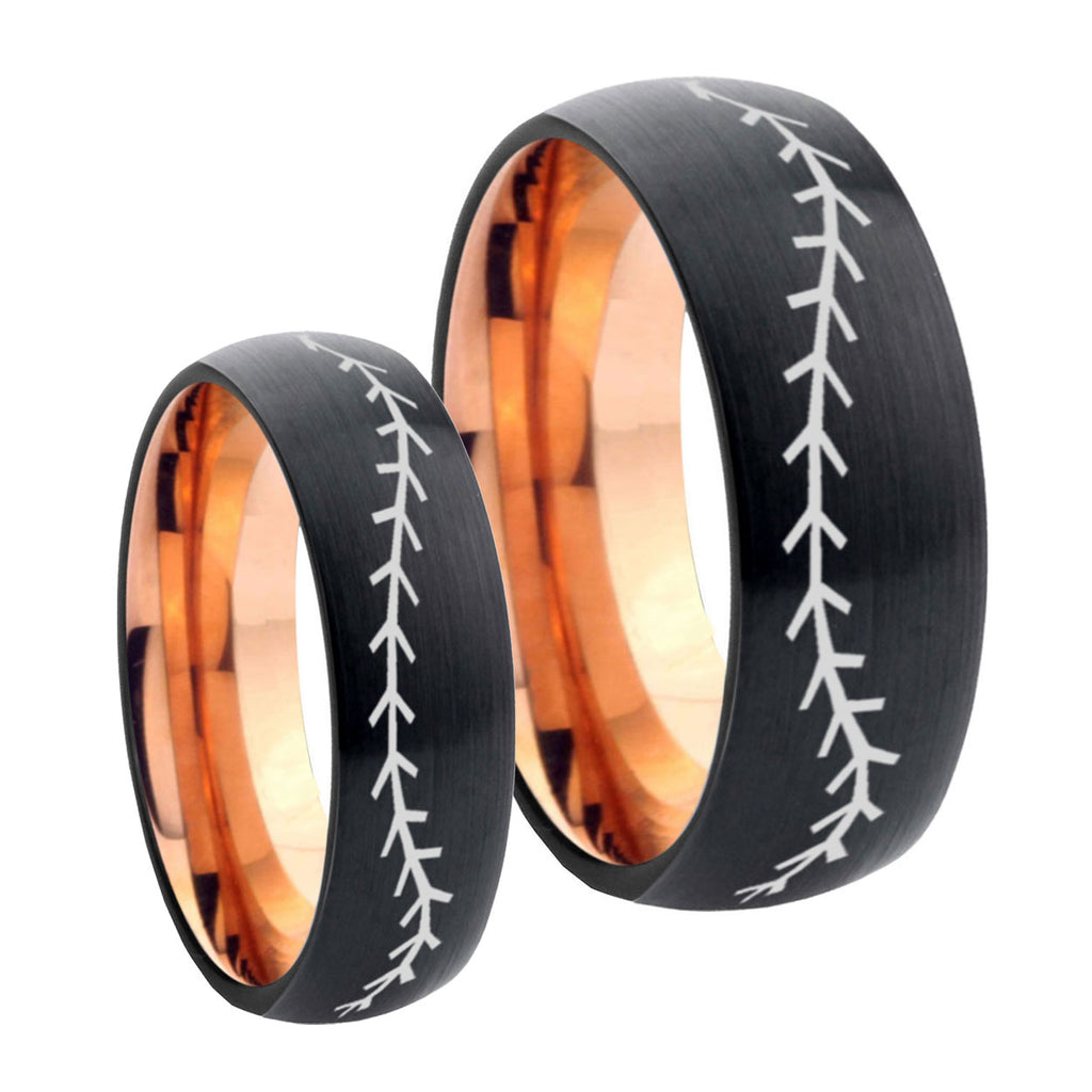 Baseballs Dome Rose Gold Tungsten Mens Ring Set