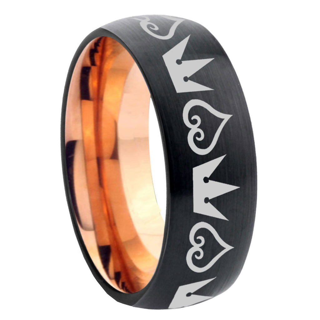 8mm Hearts and Crowns Two-Tone Classic Dome Black Rose Gold Tungsten Wedding Band