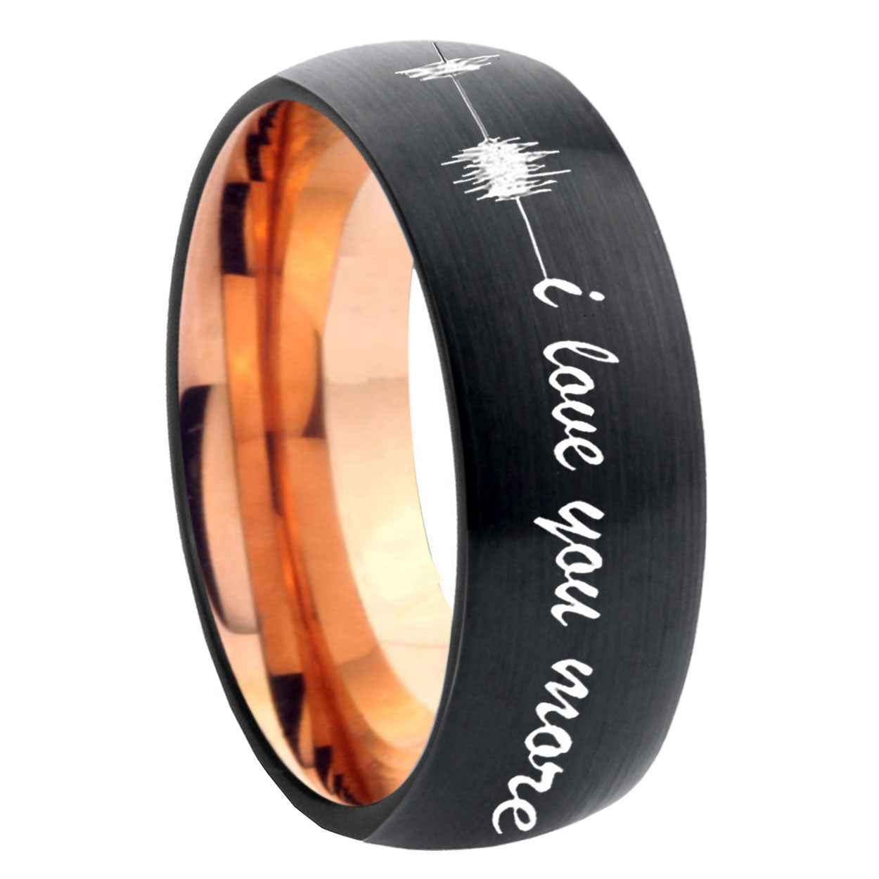 8mm Sound Wave I love you Two-Tone Classic Dome Black Rose Gold Tungsten Wedding Band