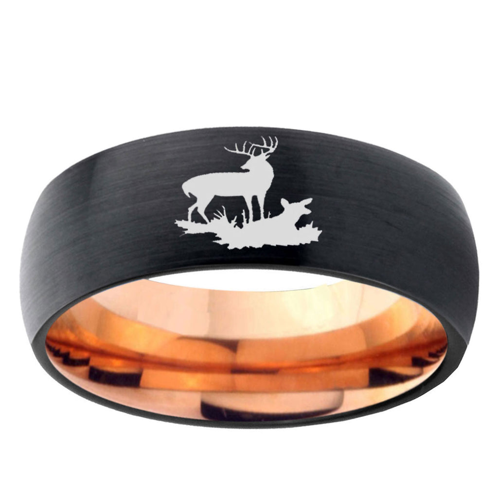 5mm Deer Hunting Two-Tone Classic Dome Black Rose Gold Tungsten Wedding Band