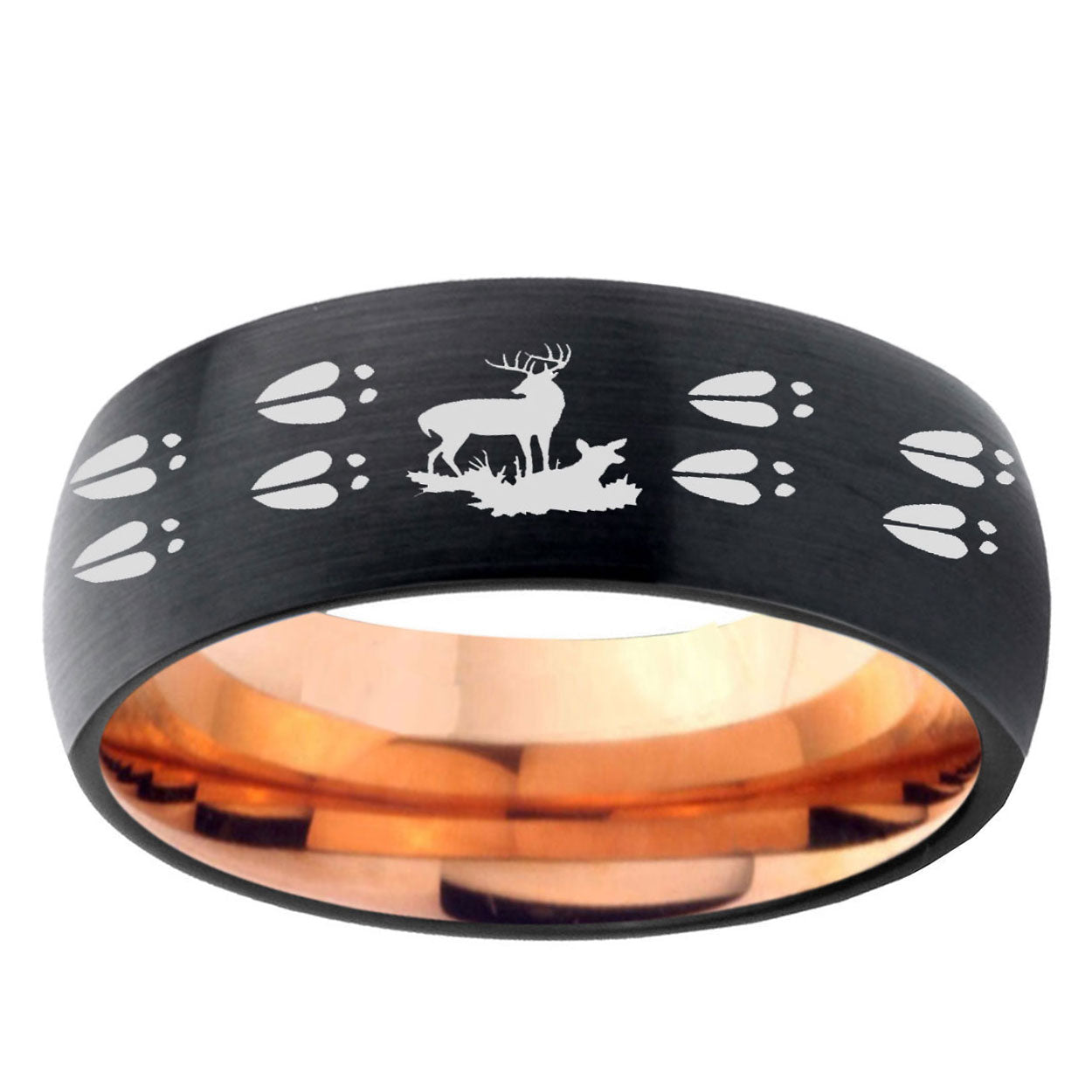 5mm Deer Hunting Tracks Two-Tone Classic Dome Black Rose Gold Tungsten Wedding Band