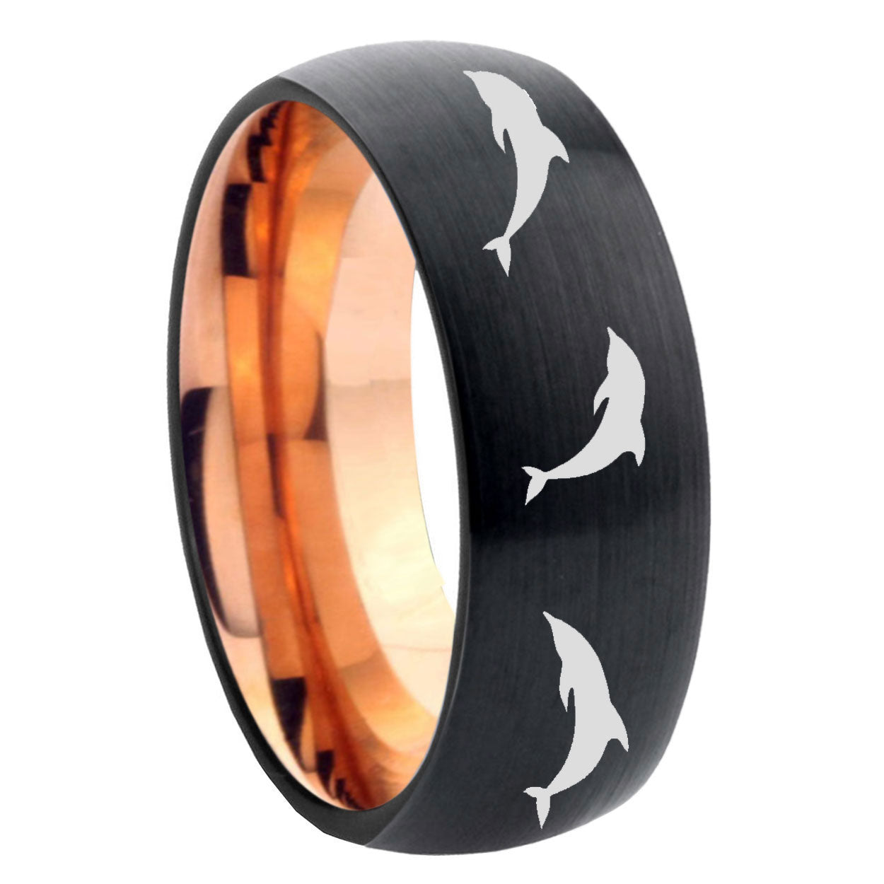 8mm Dolphins Two-Tone Classic Dome Black Rose Gold Tungsten Wedding Band