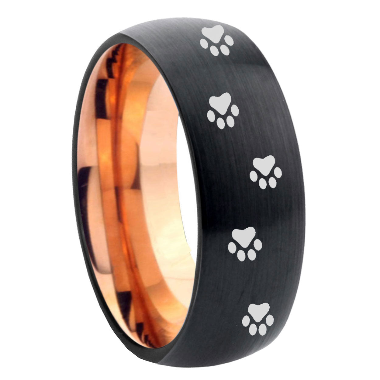 8mm Paw Print Two-Tone Classic Dome Black Rose Gold Tungsten Wedding Band