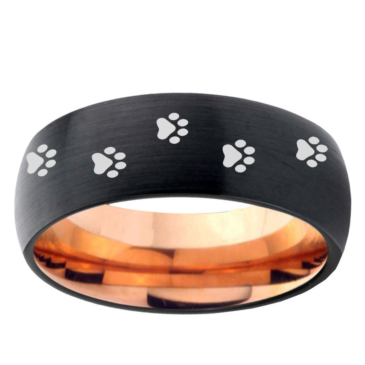 5mm Paw Print Two-Tone Classic Dome Black Rose Gold Tungsten Wedding Band