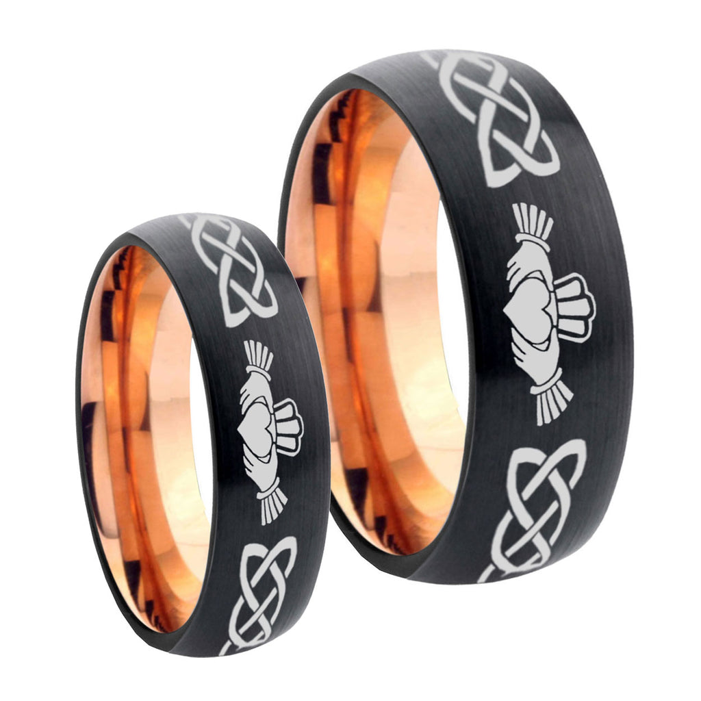 Irish Claddagh Dome Rose Gold Tungsten Wedding Ring Sets