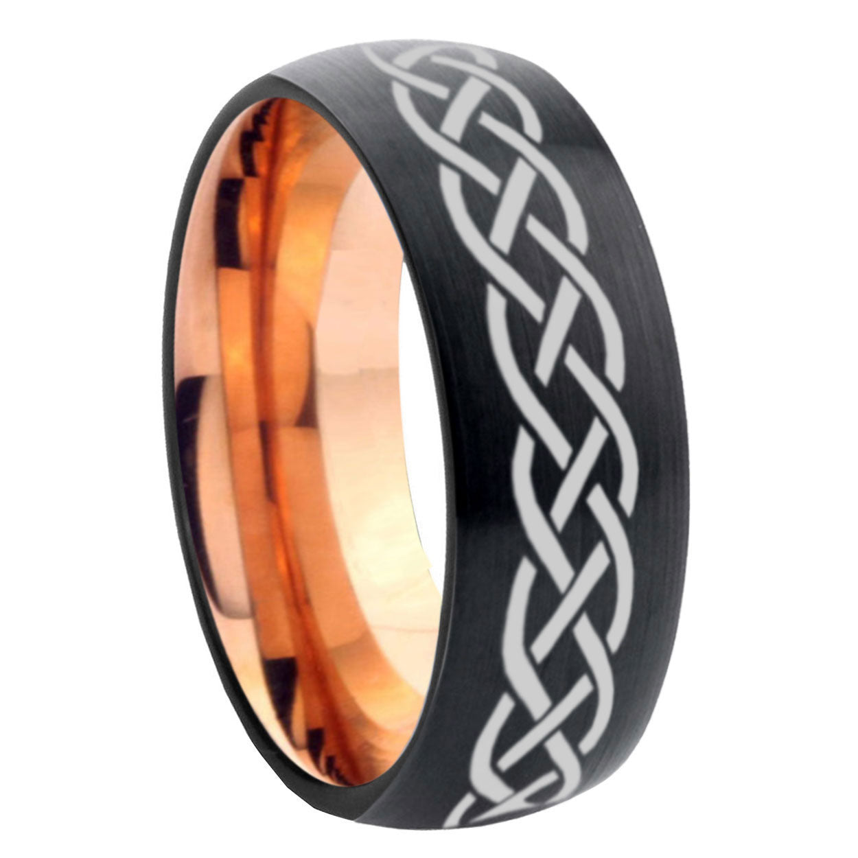 8mm Celtic Knot Symbol Two-Tone Classic Dome Black Rose Gold Tungsten Wedding Band