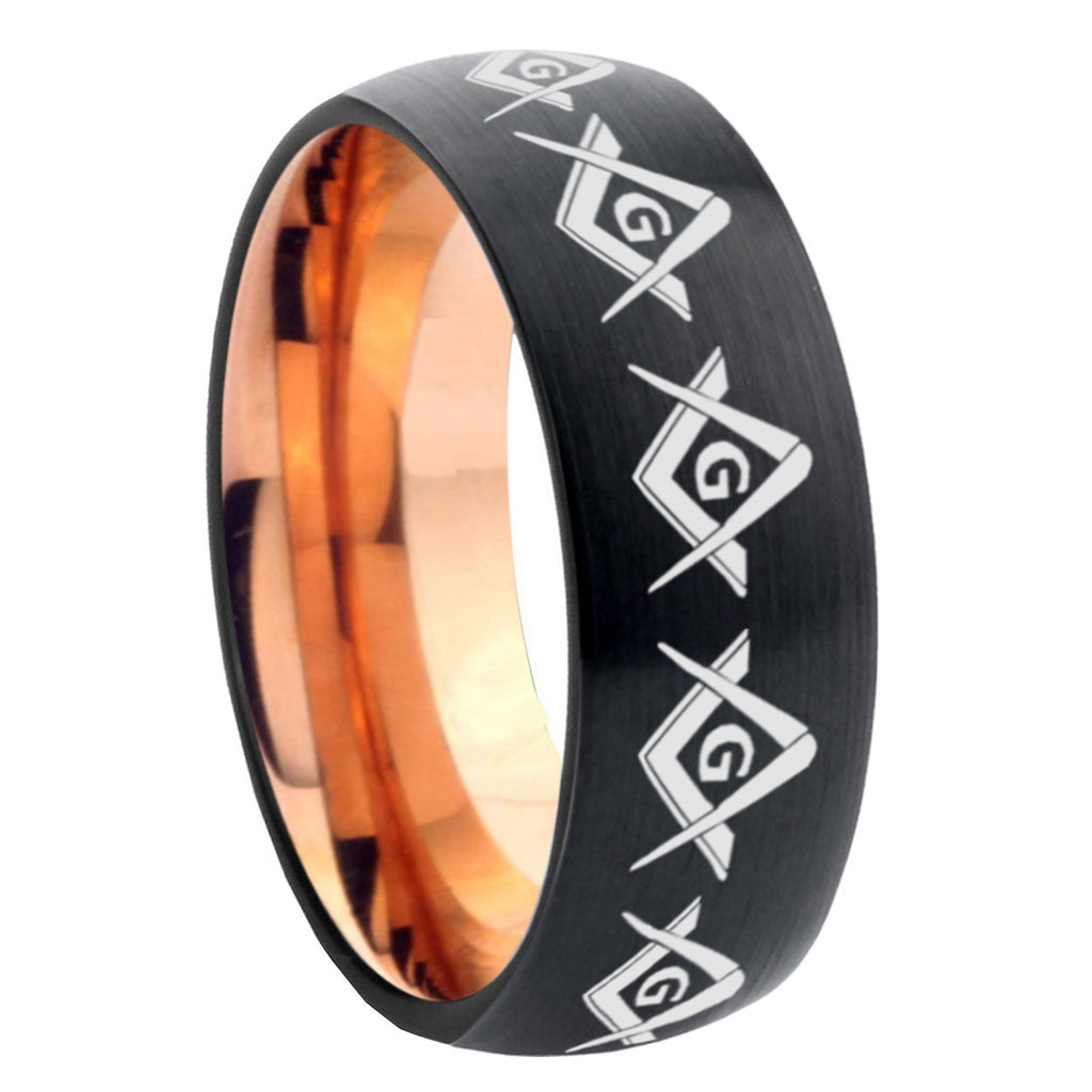 8mm Masonic Square and Compass Two-Tone Classic Dome Black Rose Gold Tungsten Wedding Band