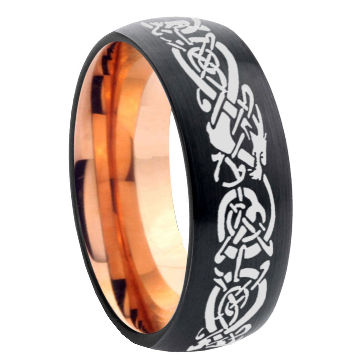 8mm Celtic Knot Dragon Two-Tone Classic Dome Black Rose Gold Tungsten Wedding Band
