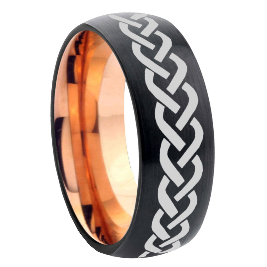 8mm Laser Celtic Knot Two-Tone Classic Dome Black Rose Gold Tungsten Wedding Band