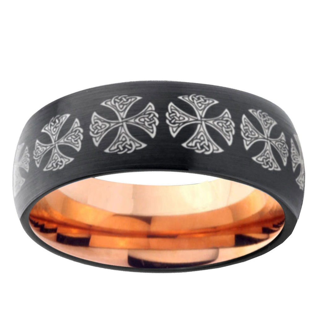 5mm Medieval Cross Two-Tone Classic Dome Black Rose Gold Tungsten Wedding Band