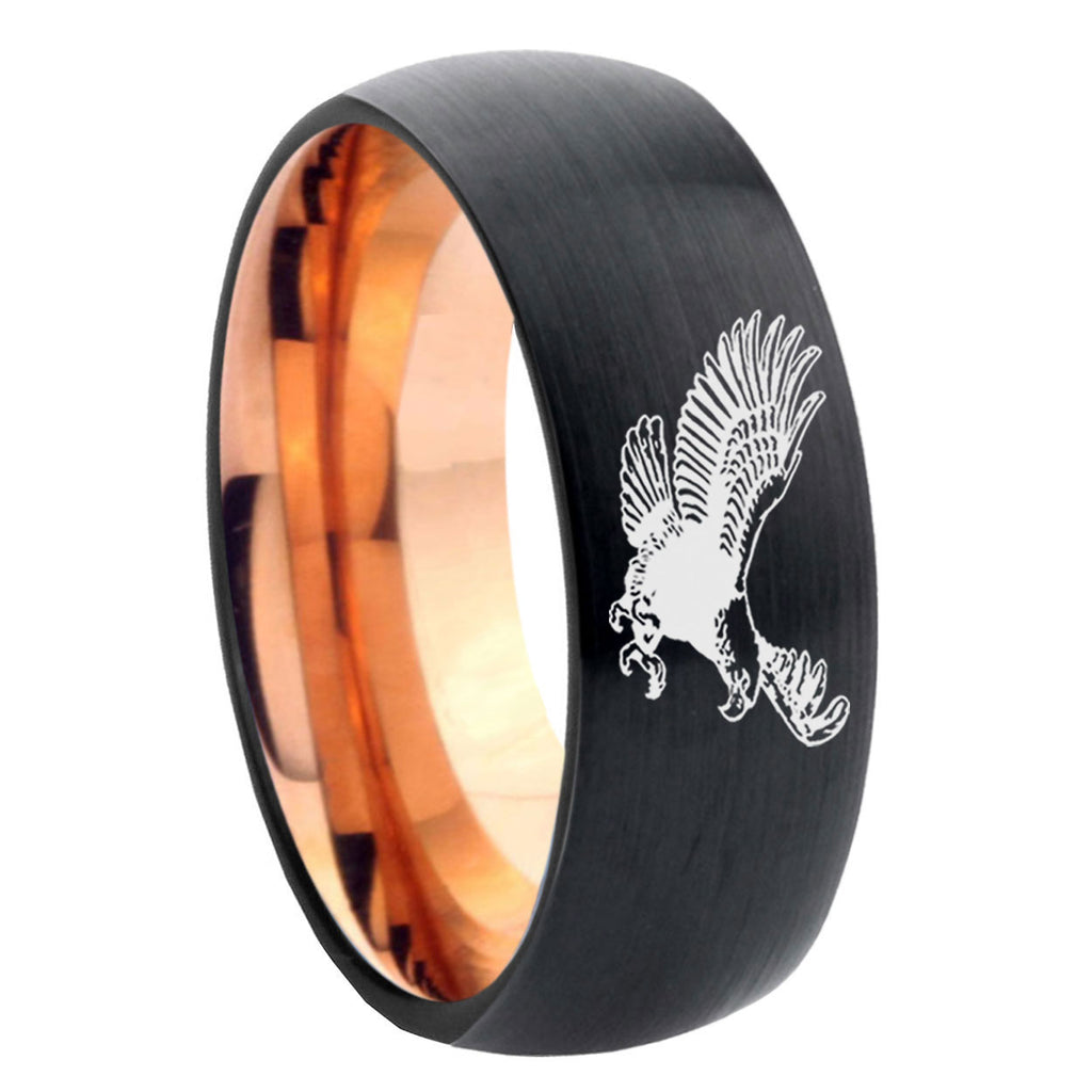 8mm Flying American Eagle Two-Tone Classic Dome Black Rose Gold Tungsten Wedding Band