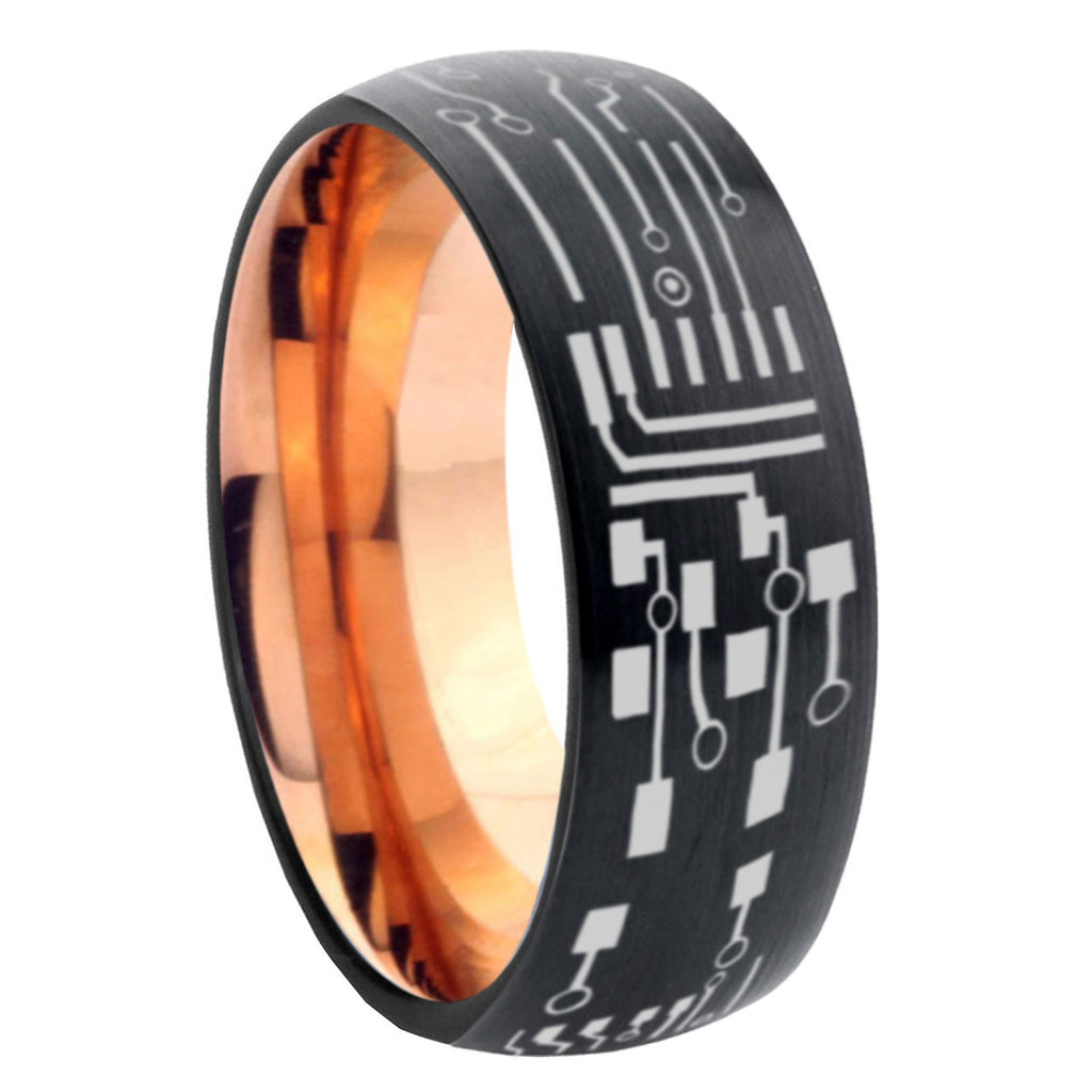 8mm Circuit Board Two-Tone Classic Dome Black Rose Gold Tungsten Wedding Band