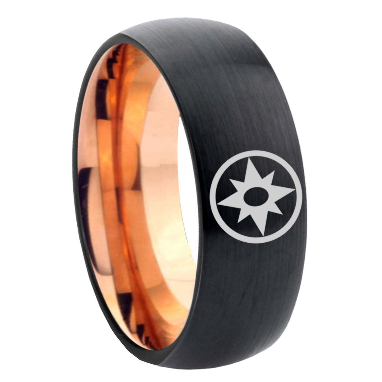 8mm Star Sapphire Lantern Two-Tone Classic Dome Black Rose Gold Tungsten Wedding Band