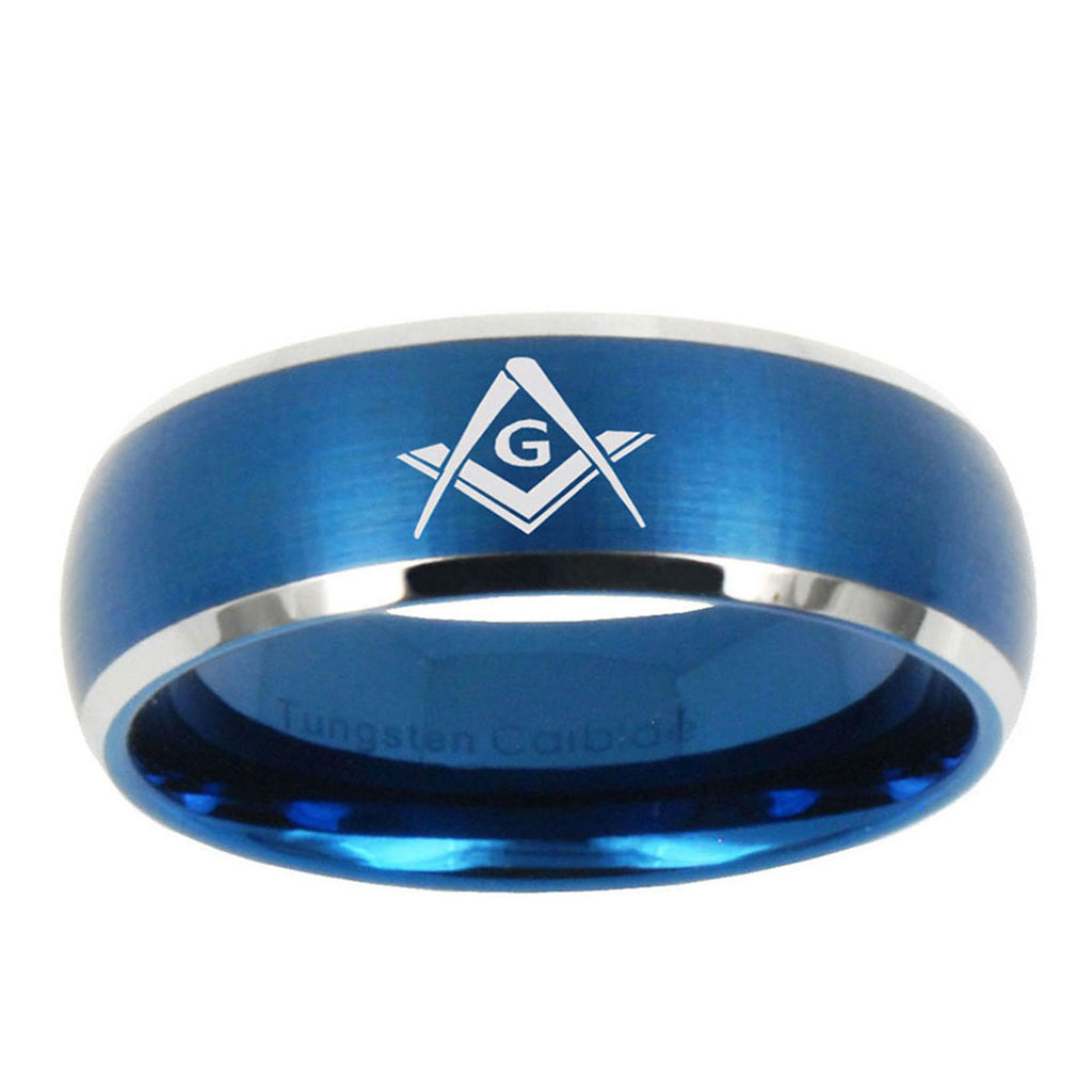 10mm Freemason Masonic Dome Brushed Blue 2 Tone Tungsten Ring