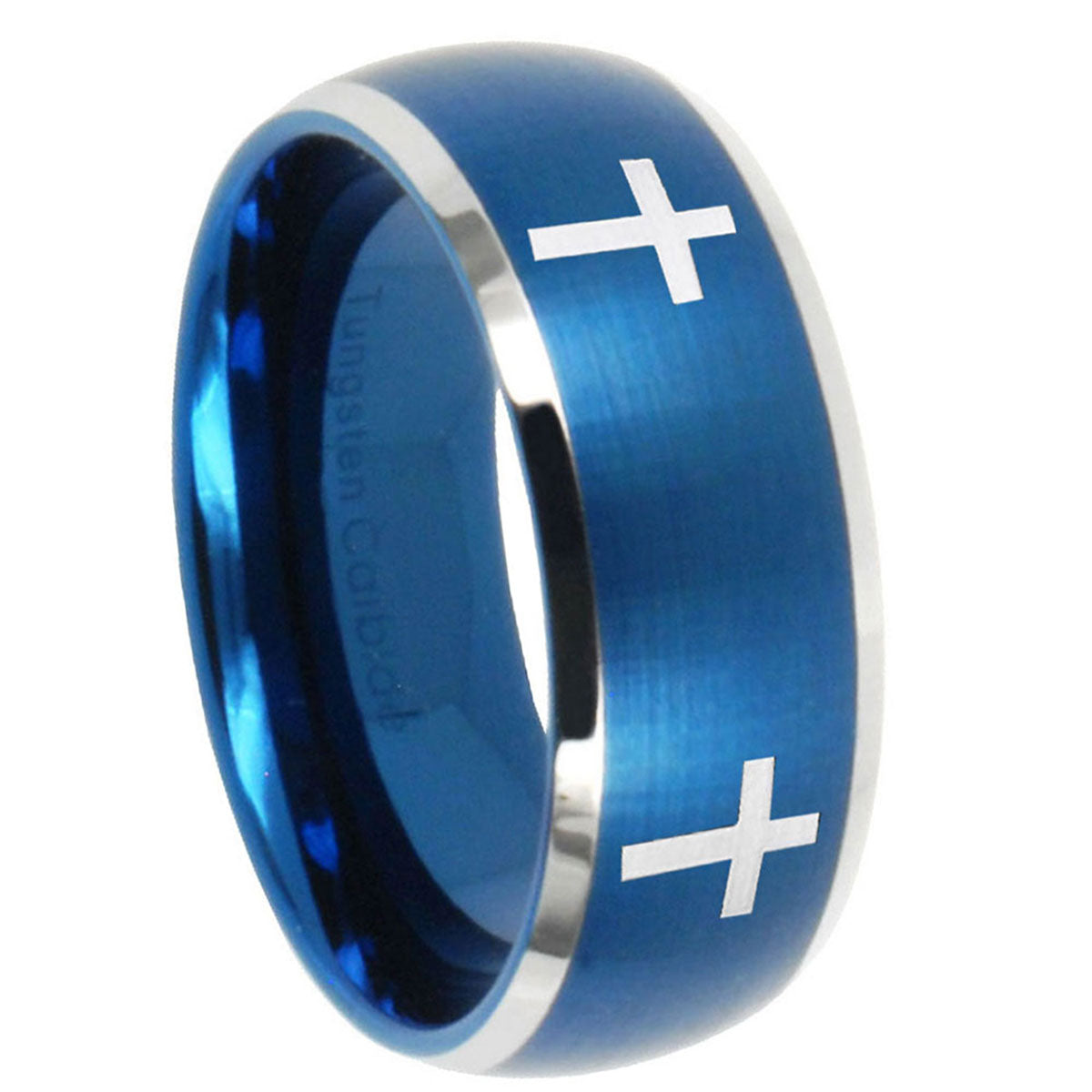 8MM Crosses Dome Brushed Blue 2 Tone Tungsten Mens Wedding Band