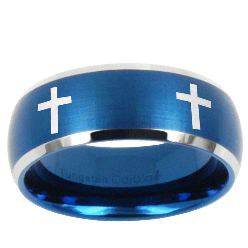 5MMCrosses Dome Brushed Blue 2 Tone Tungsten Mens Wedding Band