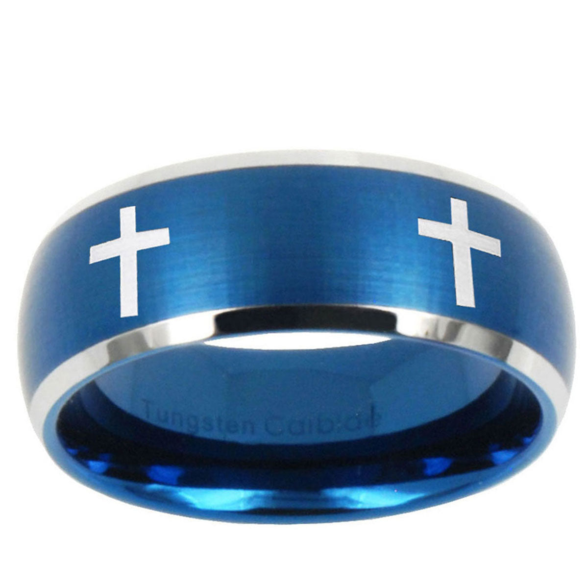 5MMCrosses Dome Brushed Blue 2 Tone Tungsten Mens Wedding Band