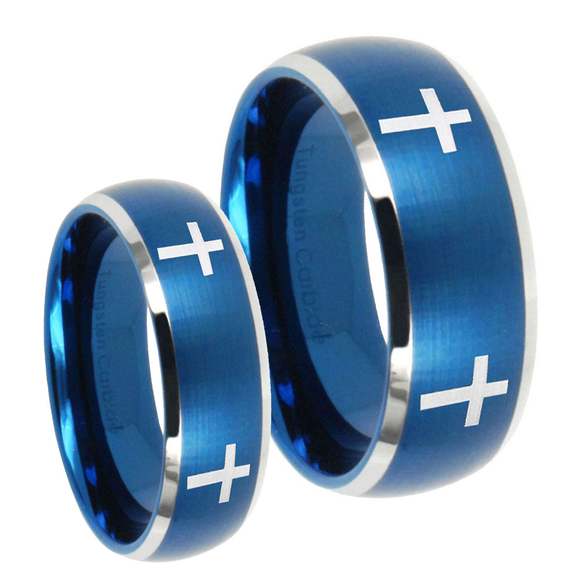 Crosses Dome Brushed Blue 2 Tone Tungsten His Hers Set Rings