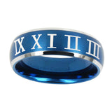 10mm-Roman-Numeral-Dome-Brushed-Blue-2-Tone-Tungsten-Carbide-Mens-Ring-Engraved
