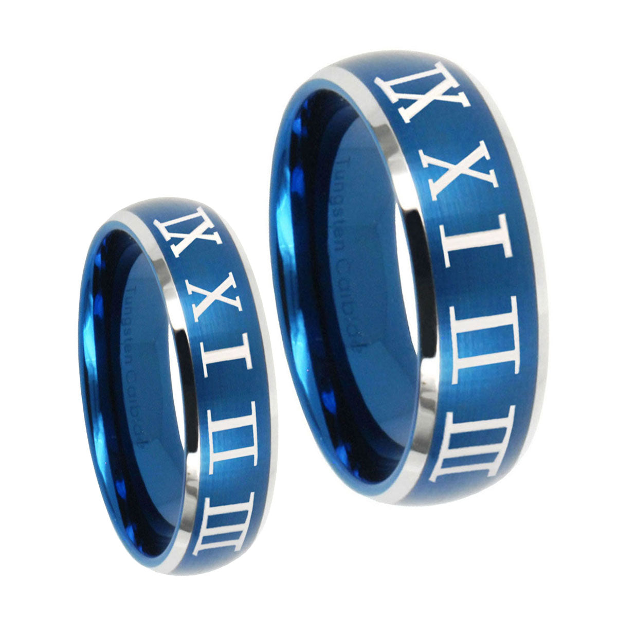 Roman Numeral Dome Brushed Blue 2 Tone Tungsten Mens Band Set