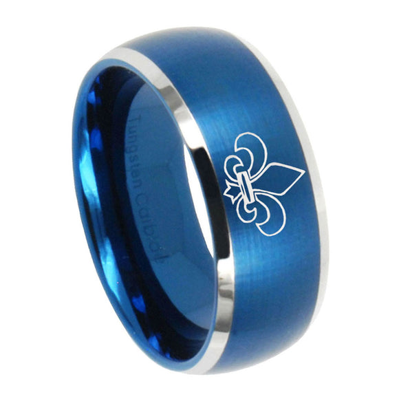 10mm-Fleur-De-Lis-Dome-Brushed-Blue-2-Tone-Tungsten-Mens-Wedding-Band
