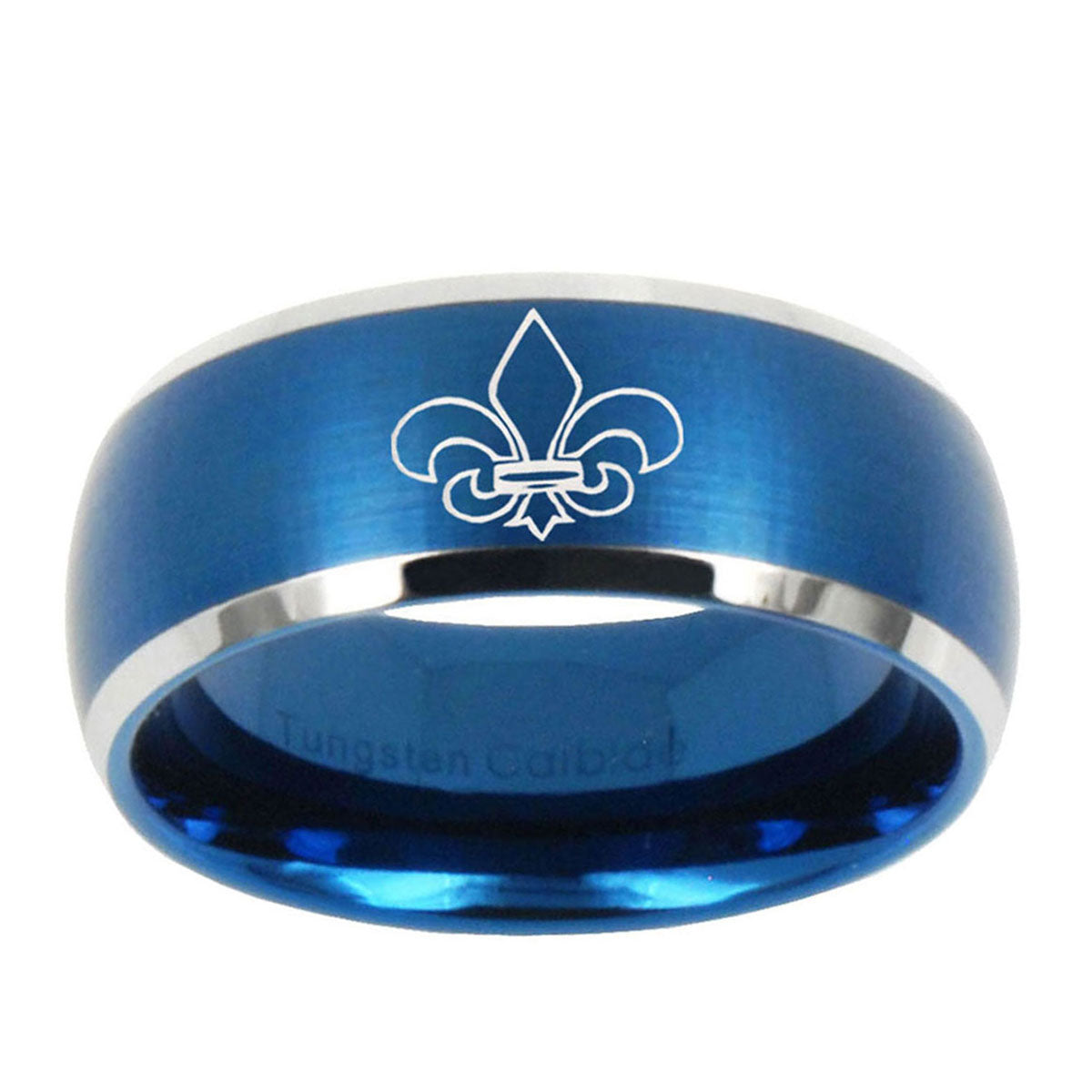 10mm Fleur-De-Lis Dome Brushed Blue 2 Tone Tungsten Mens Wedding Band