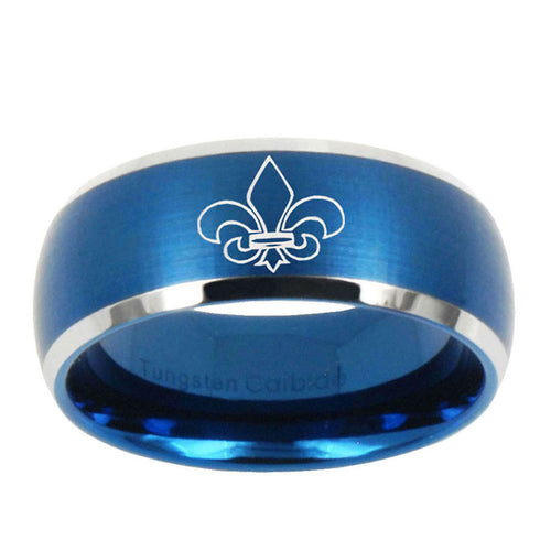 10mm Fleur-De-Lis Dome Brushed Blue 2 Tone Tungsten Mens Wedding Band