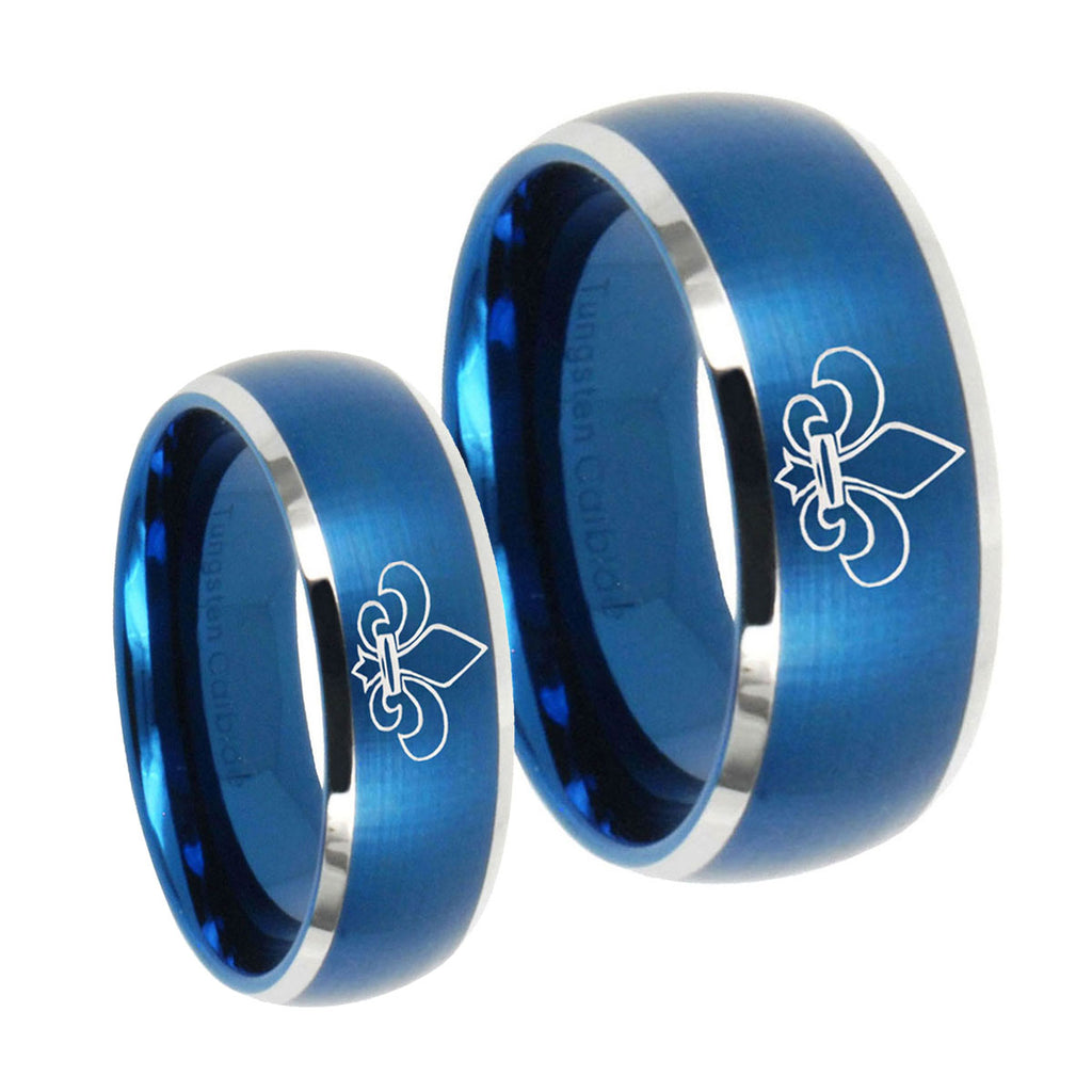 Fleur De Lis Dome Brushed Blue 2 Tone Tungsten Bridal Band Set