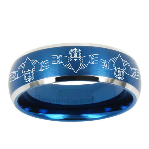 10mm Irish Claddagh Dome Brushed Blue 2 Tone Tungsten Carbide Promise Ring