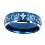 8mm-Celtic-Cross-Dome-Brushed-Blue-2-Tone-Tungsten-Carbide-Mens-Engagement-Ring