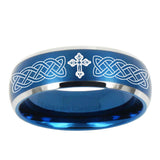 5, 8mm Celtic Cross Dome Brushed Blue 2 Tone Tungsten Carbide Mens Engagement Ring