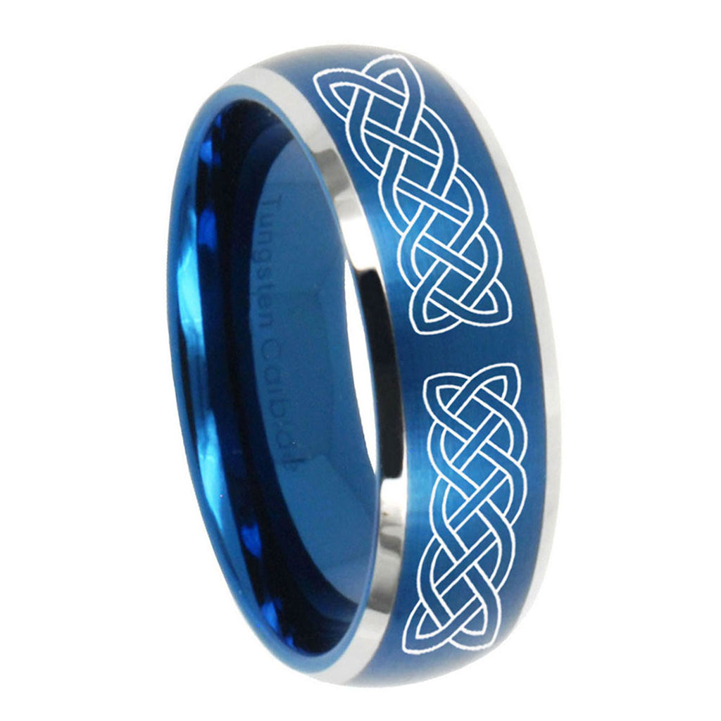 10mm Celtic Knot Dome Brushed Blue 2 Tone Tungsten Mens Ring Personalized