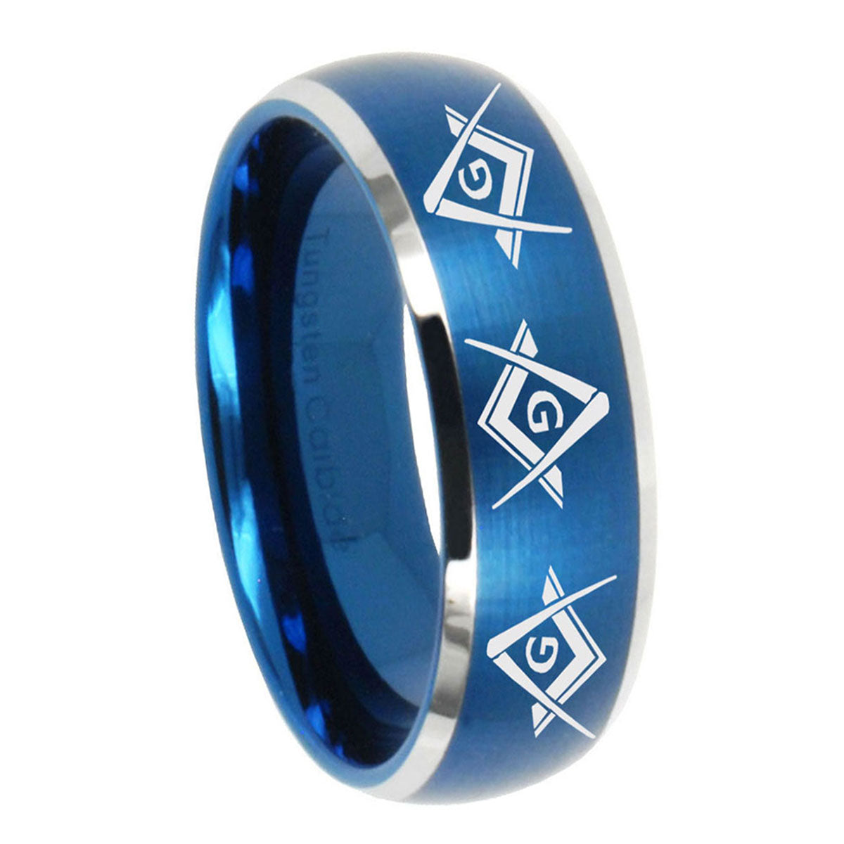 8MM Master Mason Masonic Dome Brushed Blue 2 Tone Tungsten Men Ring