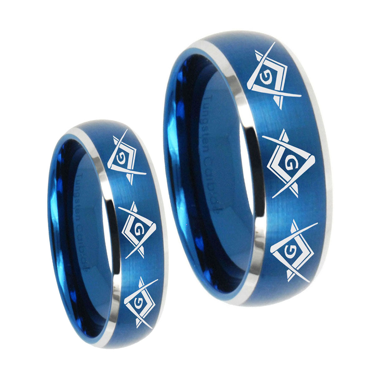 Master Mason Masonic Dome Brushed Blue 2 Tone Tungsten Wedding Band Set