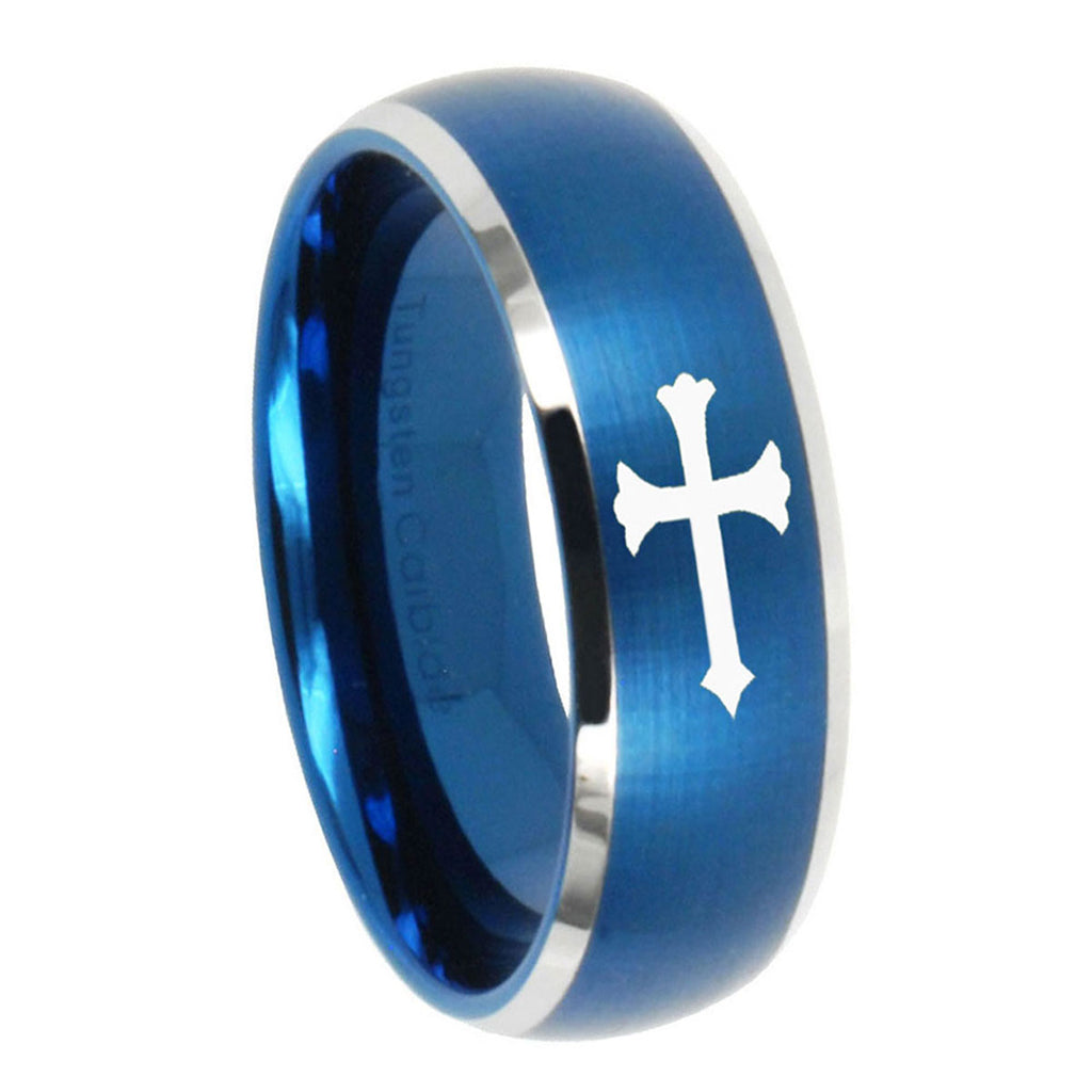 8MM Christian Cross Dome Brushed Blue 2 Tone Tungsten Ring