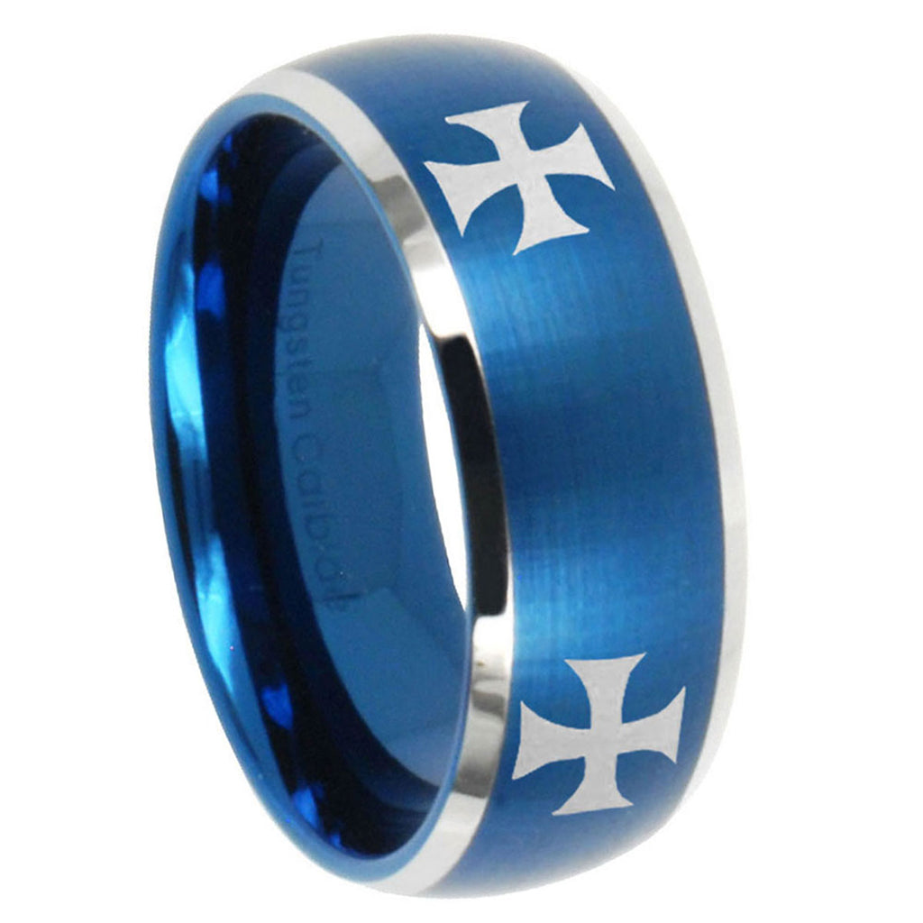 8MM 4 Maltese Cross Dome Brushed Blue 2 Tone Tungsten Ring