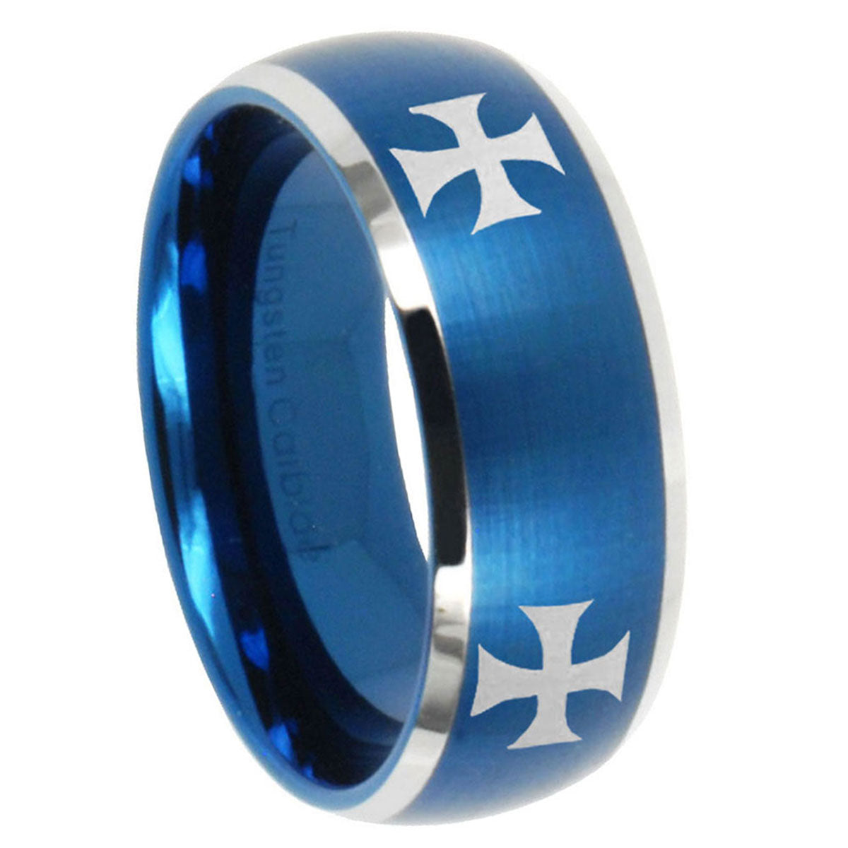 8MM 4 Maltese Cross Dome Brushed Blue 2 Tone Tungsten Ring