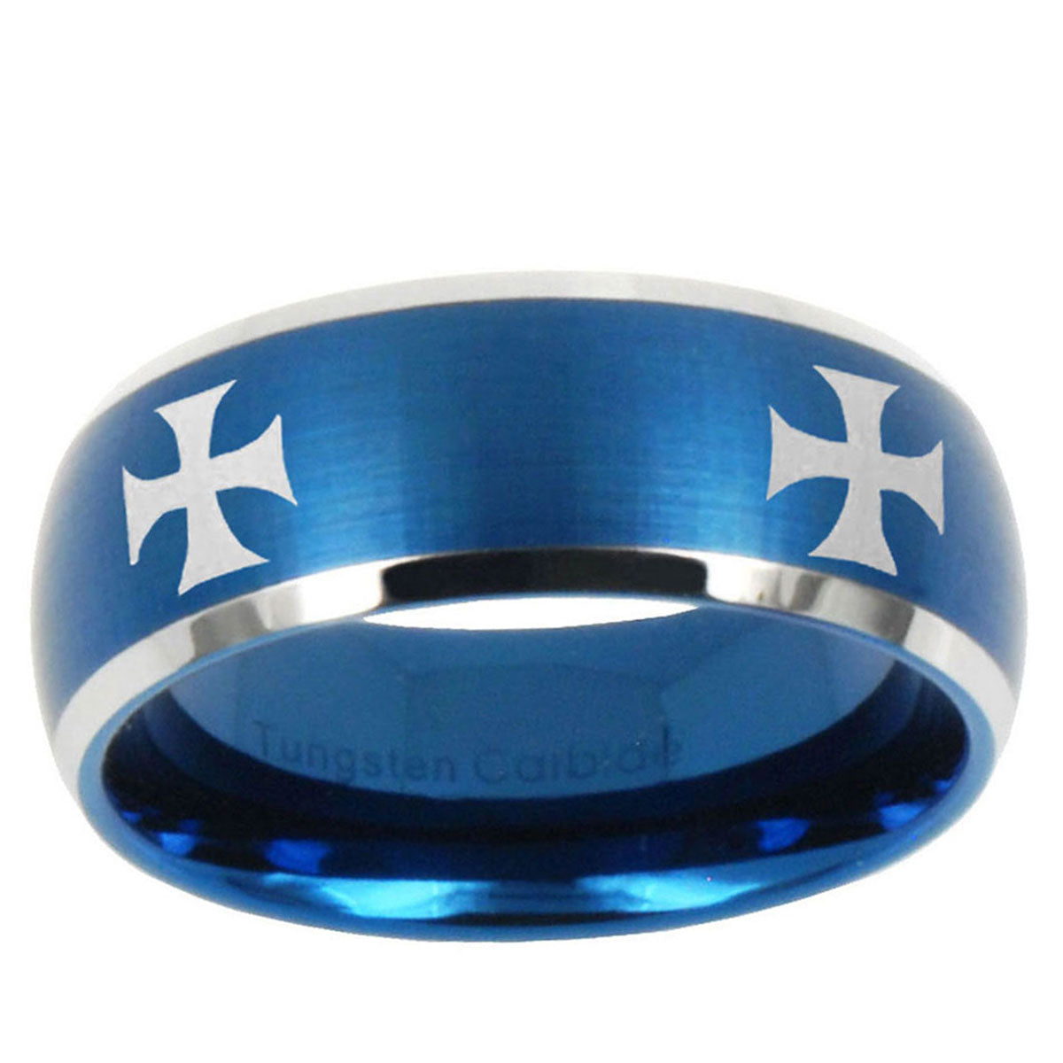 10mm 4 Maltese Cross Dome Brushed Blue 2 Tone Tungsten Ring