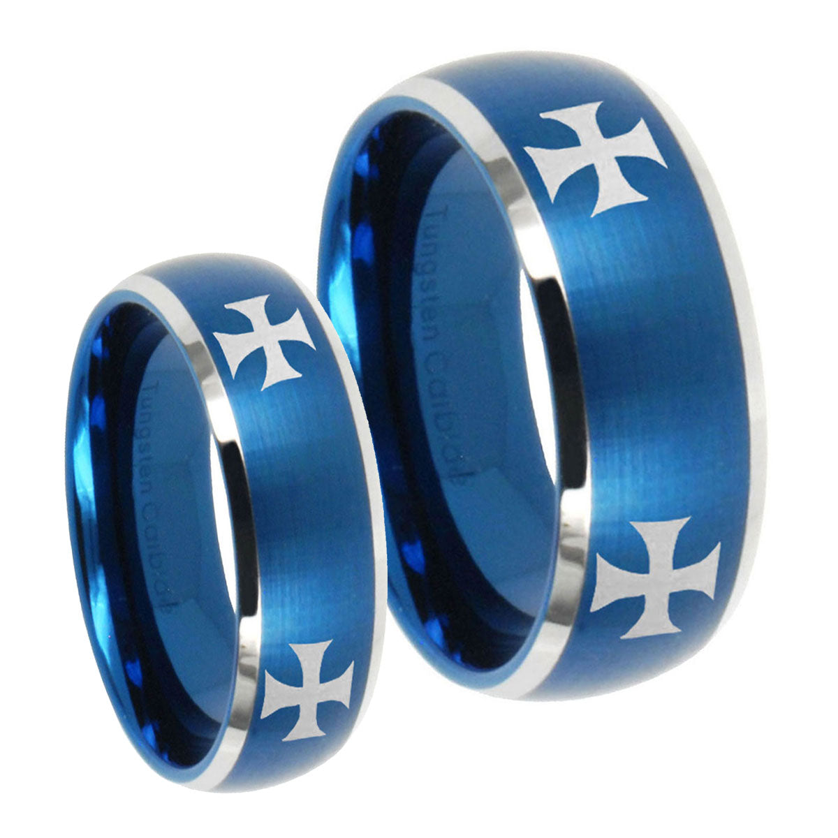 4 Maltese Cross Dome Brushed Blue 2 Tone Tungsten Couple Wedding Rings