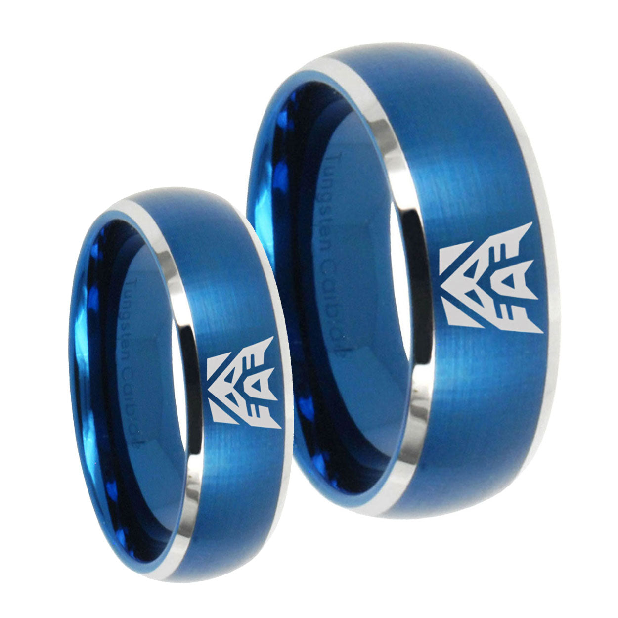 Decepticon Transformers Dome Brushed Blue 2 Tone Tungsten Engagement Ring Set