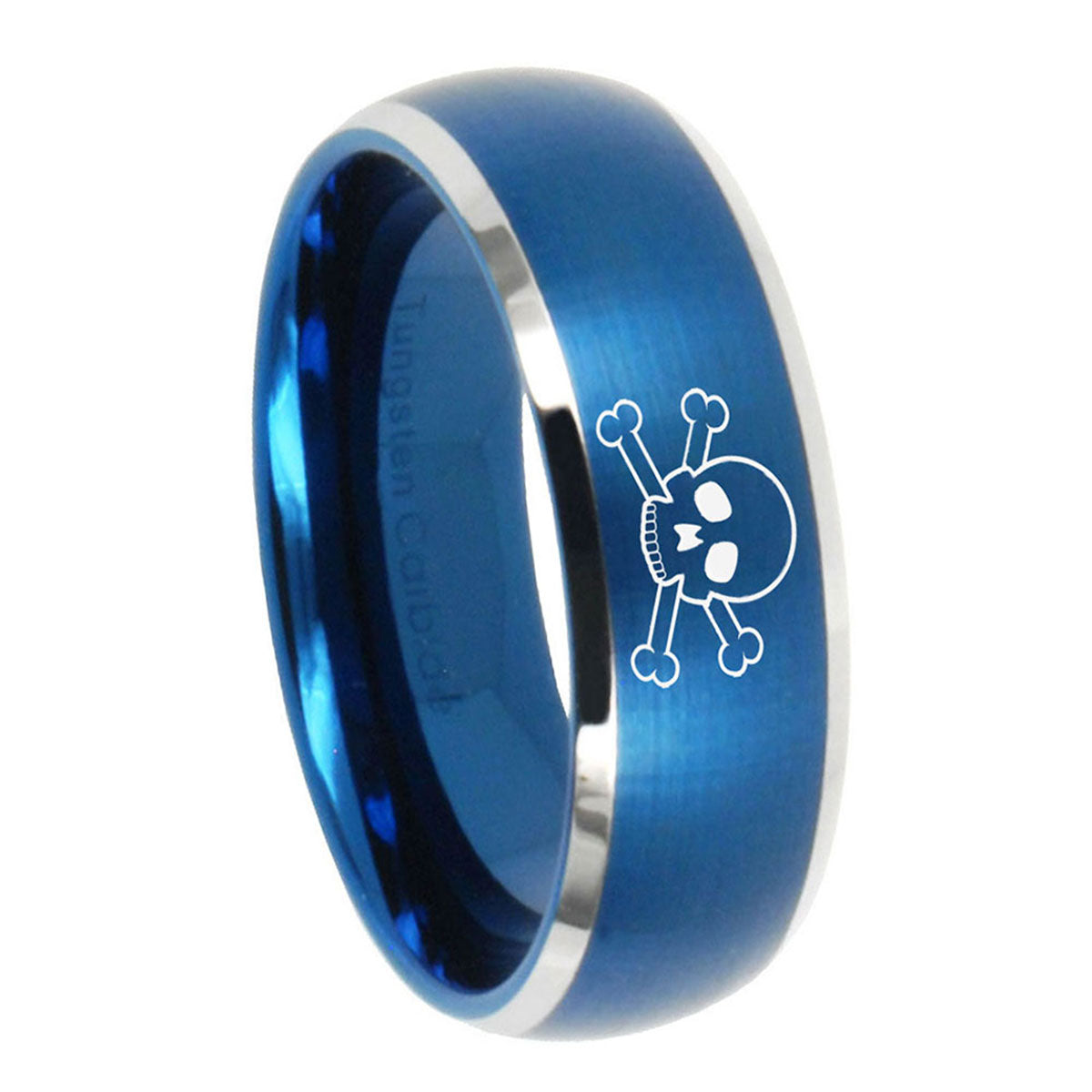 8MM Skull Dome Brushed Blue 2 Tone Tungsten Custom Ring for Men