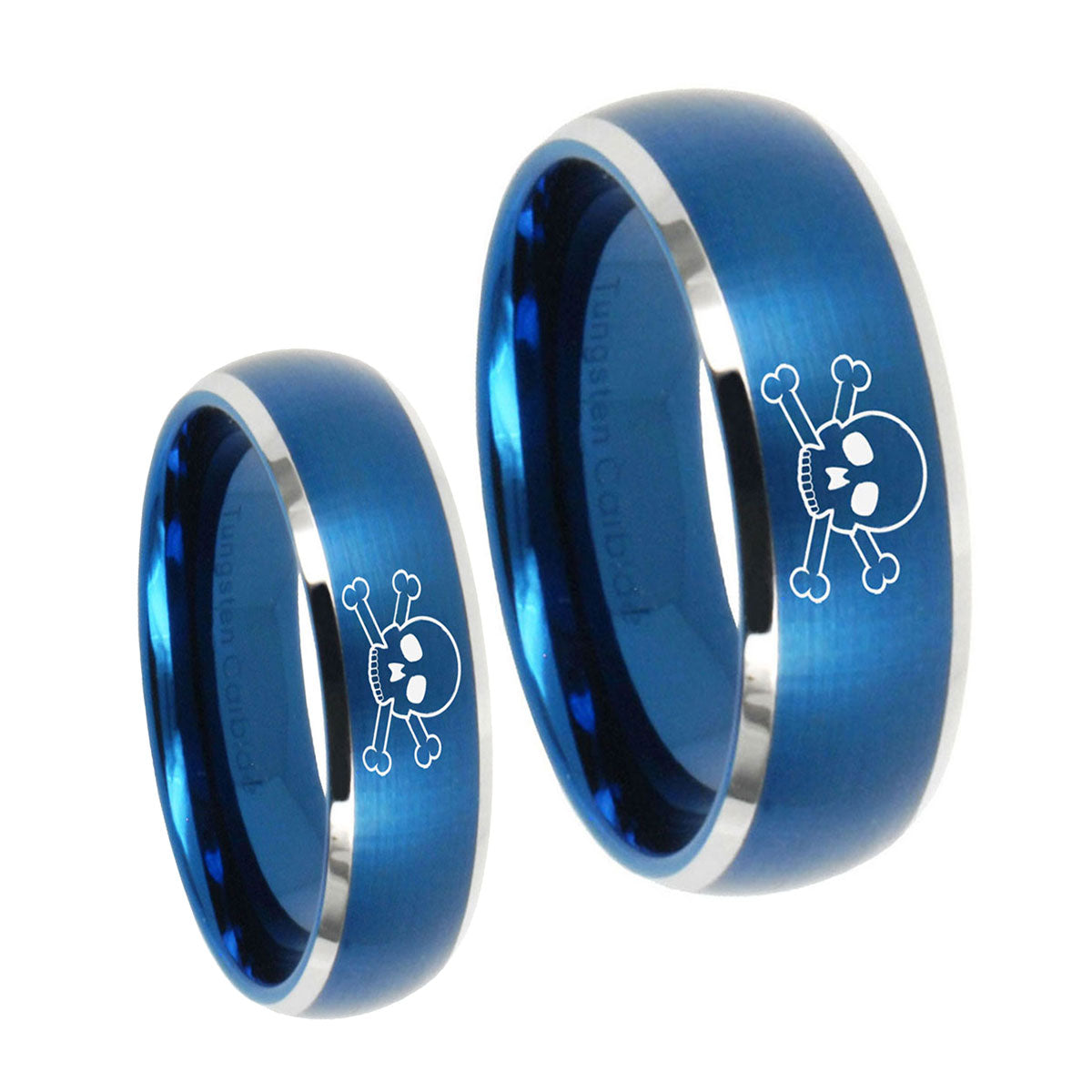 Skull Dome Brushed Blue 2 Tone Tungsten Couple Band Set