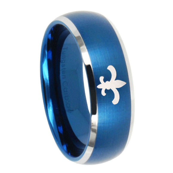 10mm-Fleur-De-Lis-Dome-Brushed-Blue-2-Tone-Tungsten-Carbide-Rings-for-Men
