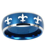 10mm Multiple Fleur-De-Lis Dome Brushed Blue 2 Tone Tungsten Carbide Mens Ring